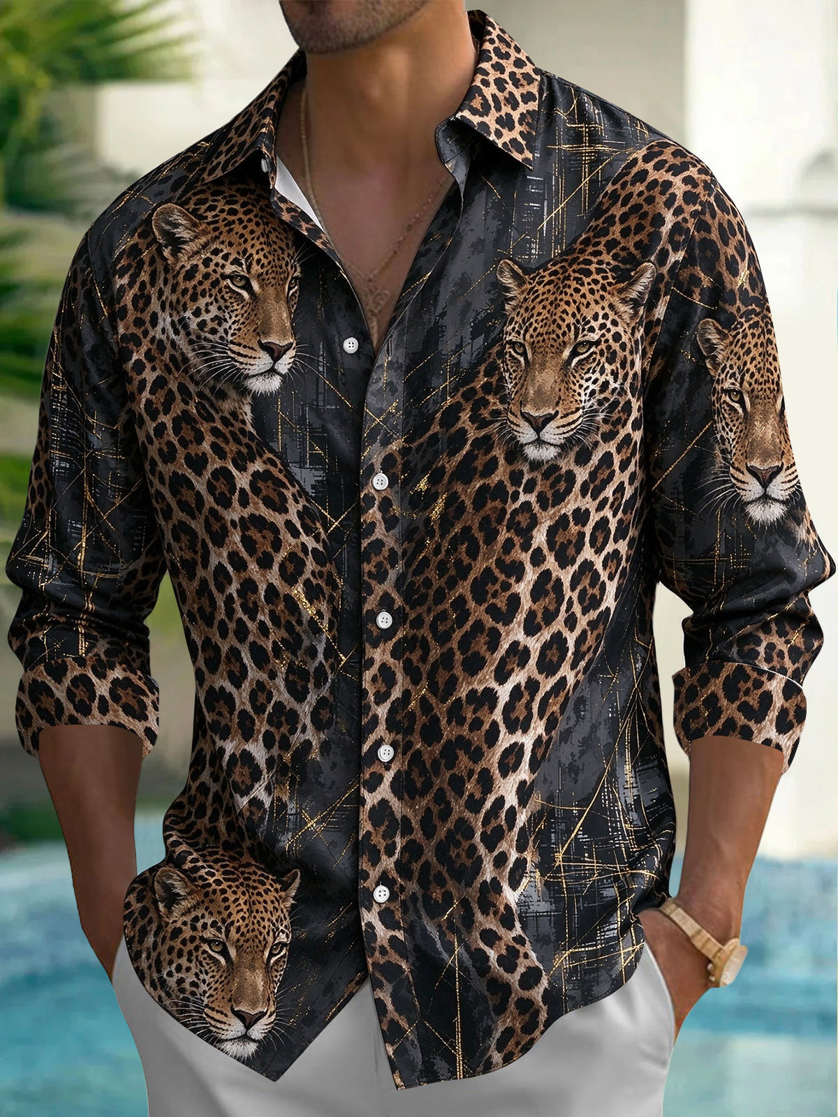 Adaychic Men's Printed Leopard Animal Print With Gold Accents Long Sleeve Shirt with Chest Pocket