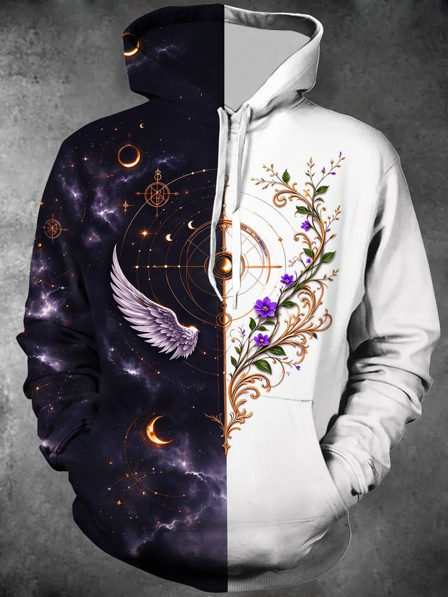 Adaychic Men's Long Sleeve Hoodie - Starry Night Sky With Celestial Geometry And Angel Wing Print
