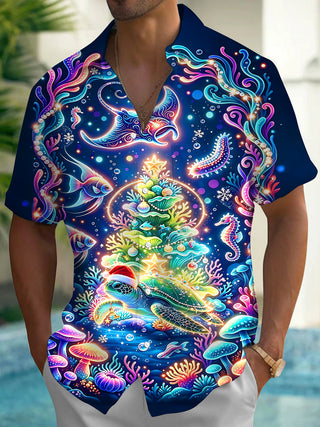 Adaychic Men's Hawaiian Undersea Christmas Print Short Sleeve Shirt with Chest Pocket
