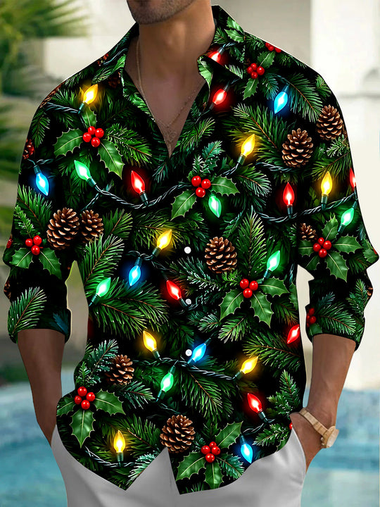 Adaychic Men's Long Sleeve Shirt - Christmas Light Strings With Pinecones And Holly Print with Chest Pocket