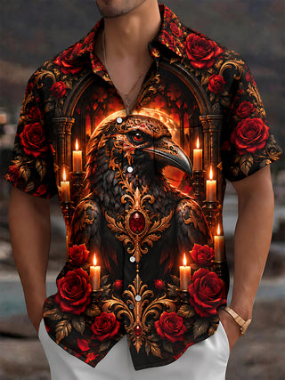 Adaychic Men's Graphic Gothic Crow Print Red Roses Print Short Sleeve Shirt