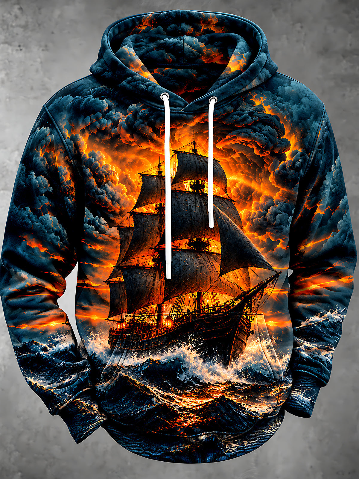 Adaychic Men's Graphic Sailing Ship On Stormy Sea Print Long Sleeve Hoodie