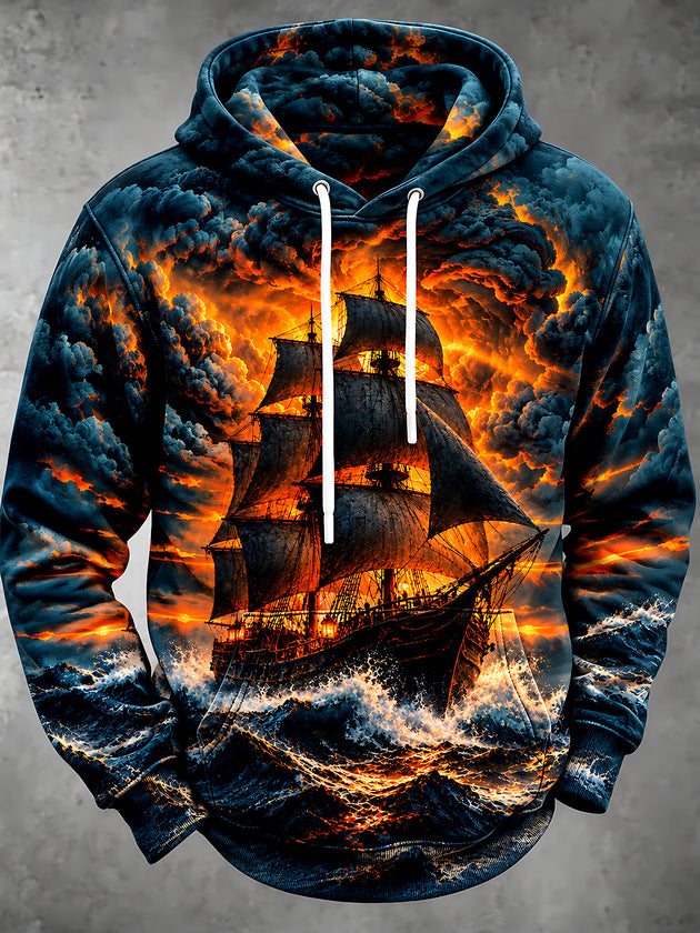 Adaychic Men's Graphic Sailing Ship On Stormy Sea Print Long Sleeve Hoodie