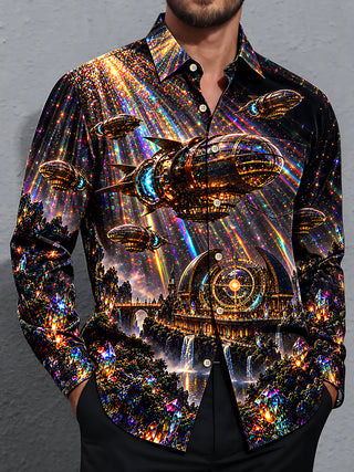 Adaychic Men's Steampunk Airships And Fantasy Cityscape Print Long Sleeve Shirt with Chest Pocket