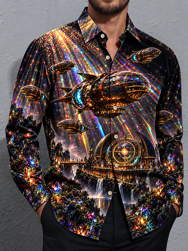 Adaychic Men's Steampunk Airships And Fantasy Cityscape Print Long Sleeve Shirt with Chest Pocket