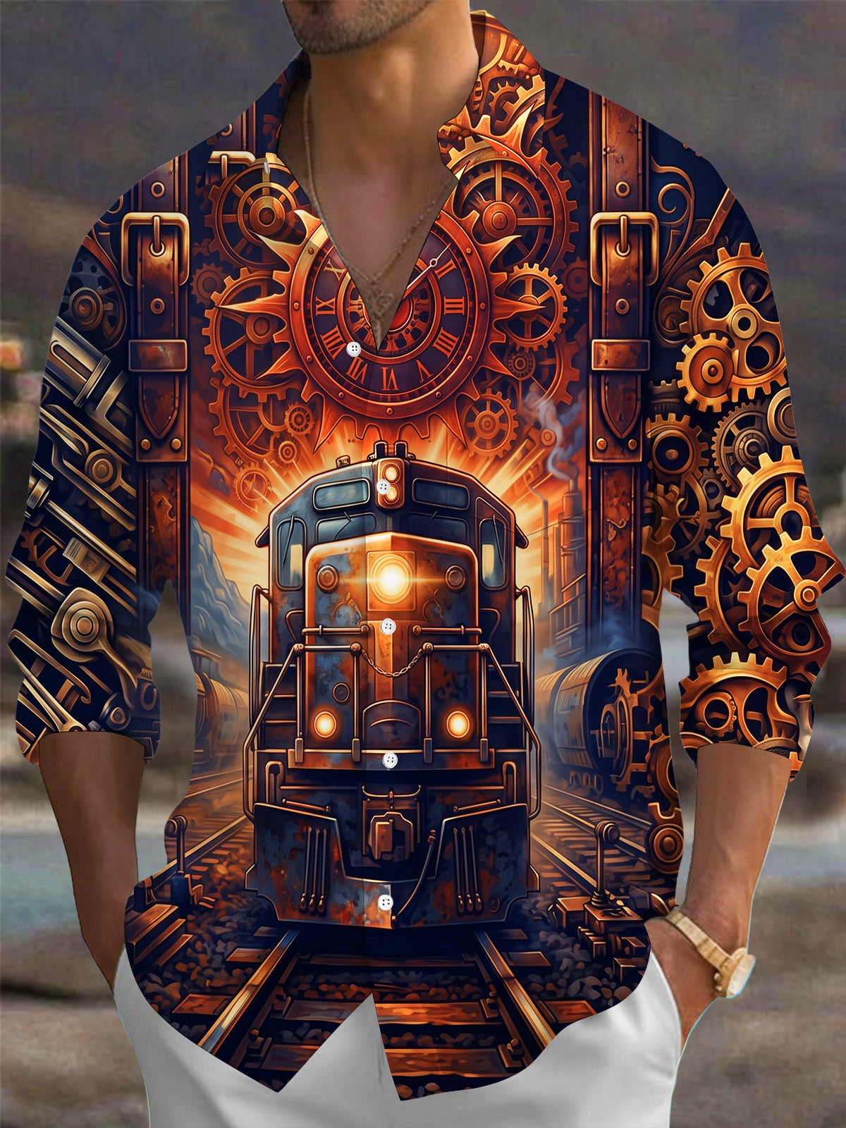 Adaychic Men's Graphic Steampunk Train And Gears Print Long Sleeve Shirt with Chest Pocket