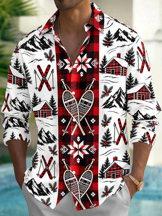Adaychic Men's Long Sleeve Shirt - Winter Skiing Scenes With Snowy Mountains And Cabins Print with Chest Pocket
