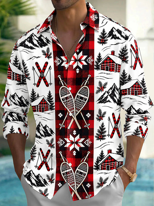 Adaychic Men's Long Sleeve Shirt - Winter Skiing Scenes With Snowy Mountains And Cabins Print with Chest Pocket