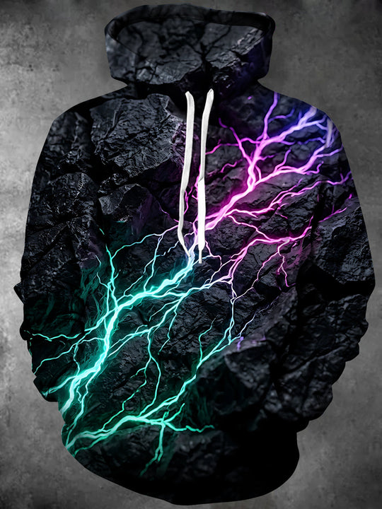 Adaychic Men's Abstract Neon Lightning On Rock Texture Print Long Sleeve Hoodie
