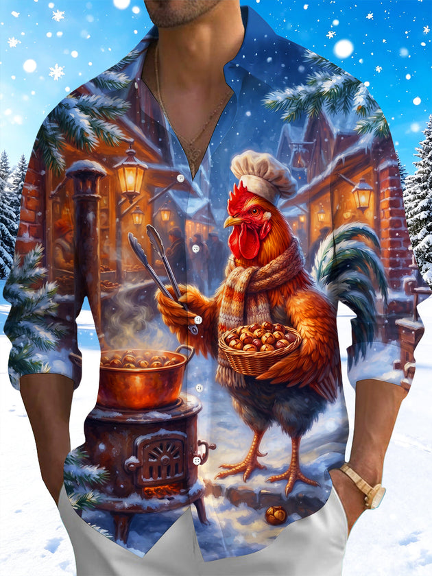 Adaychic Men's Graphic Rooster Chef Cooking Chestnuts Print Long Sleeve Shirt with Chest Pocket