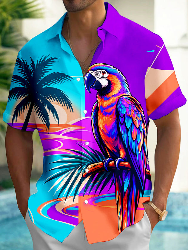 Adaychic Men's Hawaiian Macaw Parrot And Palm Trees Print Short Sleeve Shirt with Chest Pocket