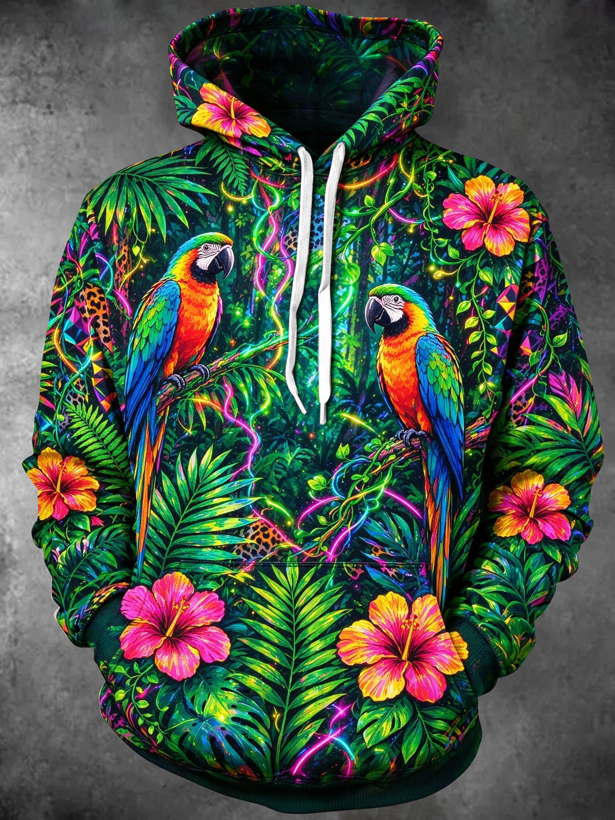 Adaychic Men's Tropical Parrots And Hibiscus Flowers Print Long Sleeve Hoodie