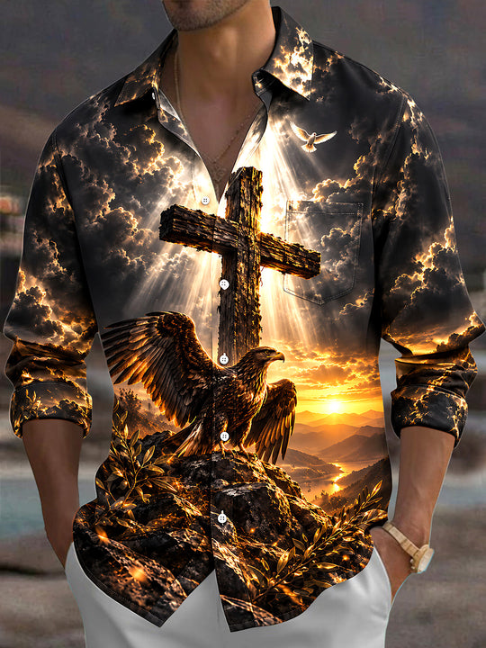 Adaychic Men's Graphic Wooden Cross And Eagle Print Long Sleeve Shirt with Chest Pocket