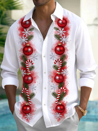 Adaychic Men's Christmas Ornaments And Candy Canes Print Long Sleeve Shirt with Chest Pocket