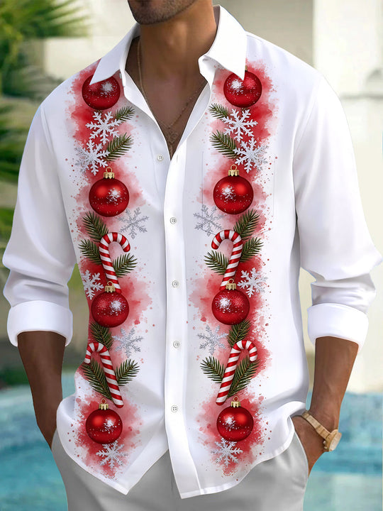 Adaychic Men's Christmas Ornaments And Candy Canes Print Long Sleeve Shirt with Chest Pocket