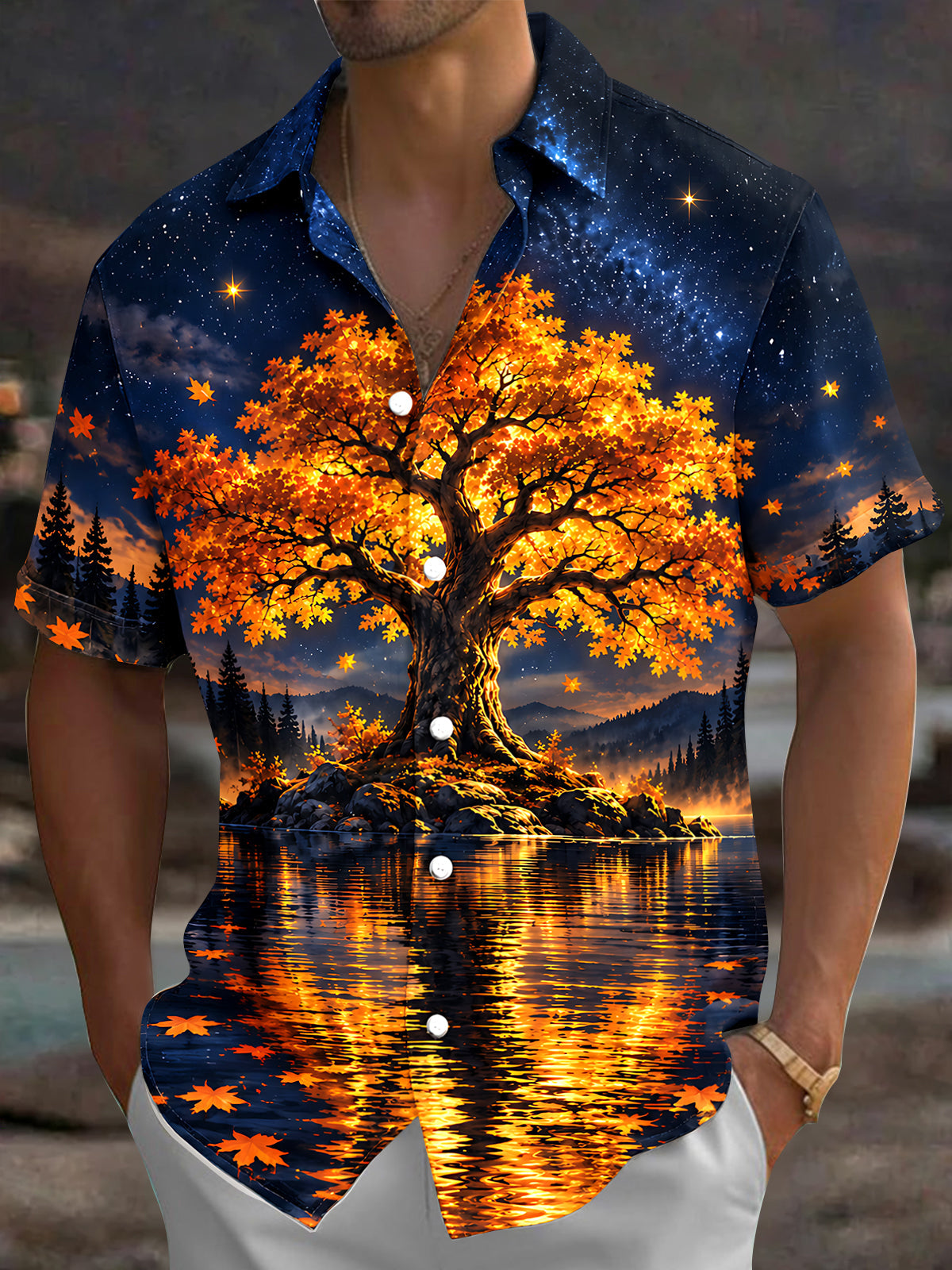 Adaychic Men's Autumn Tree And Starry Night Landscape Print Short Sleeve Shirt with Chest Pocket