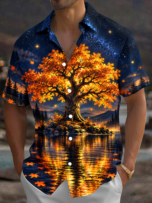 Adaychic Men's Autumn Tree And Starry Night Landscape Print Short Sleeve Shirt with Chest Pocket