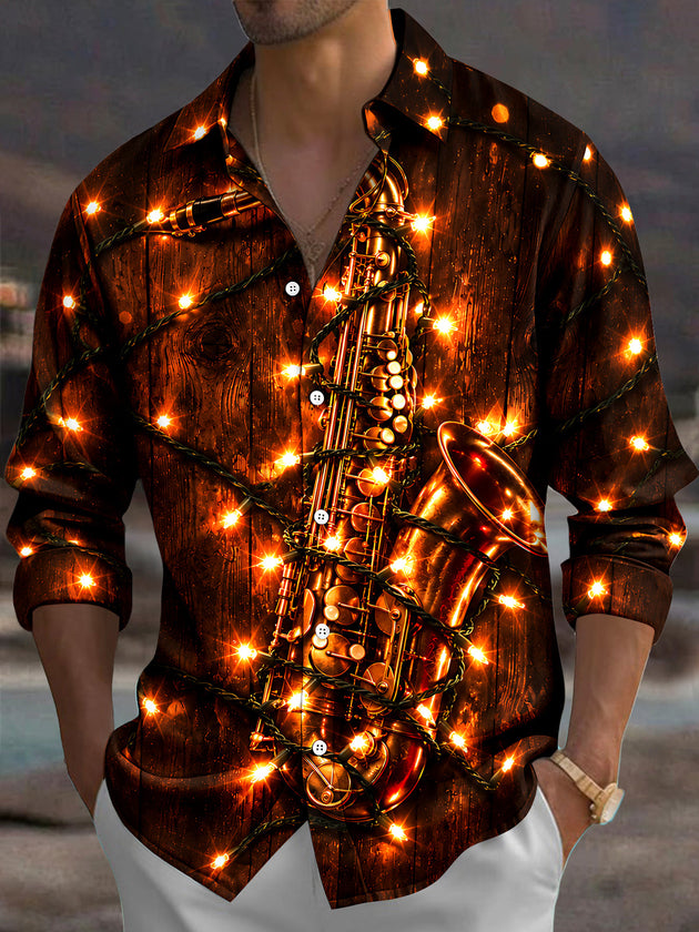Adaychic Men's Saxophone And Christmas Light String Print Long Sleeve Shirt with Chest Pocket