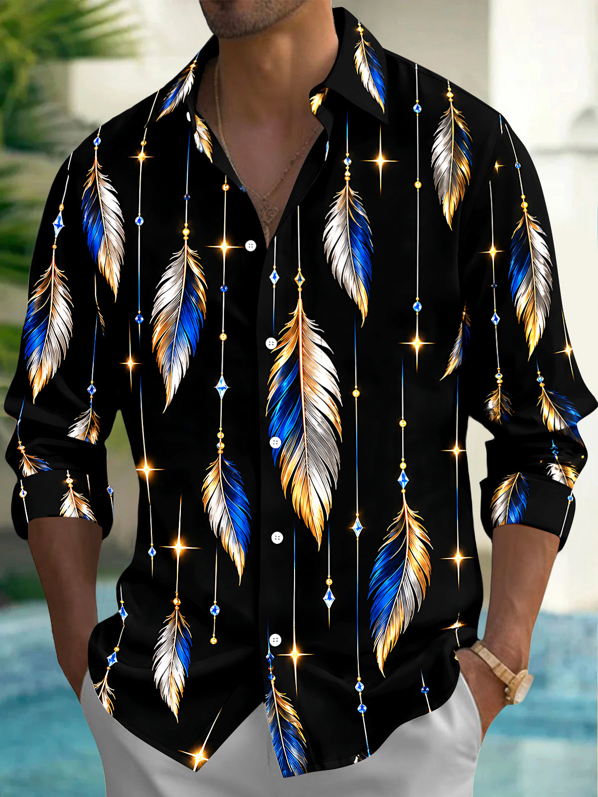 Adaychic Men's Printed Feathers And Hanging Crystals Print Long Sleeve Shirt with Chest Pocket