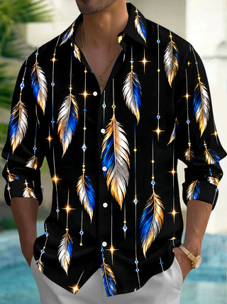 Adaychic Men's Printed Feathers And Hanging Crystals Print Long Sleeve Shirt with Chest Pocket