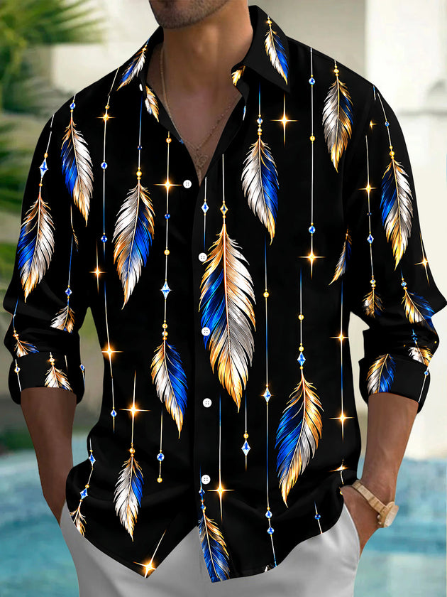 Adaychic Men's Printed Feathers And Hanging Crystals Print Long Sleeve Shirt with Chest Pocket