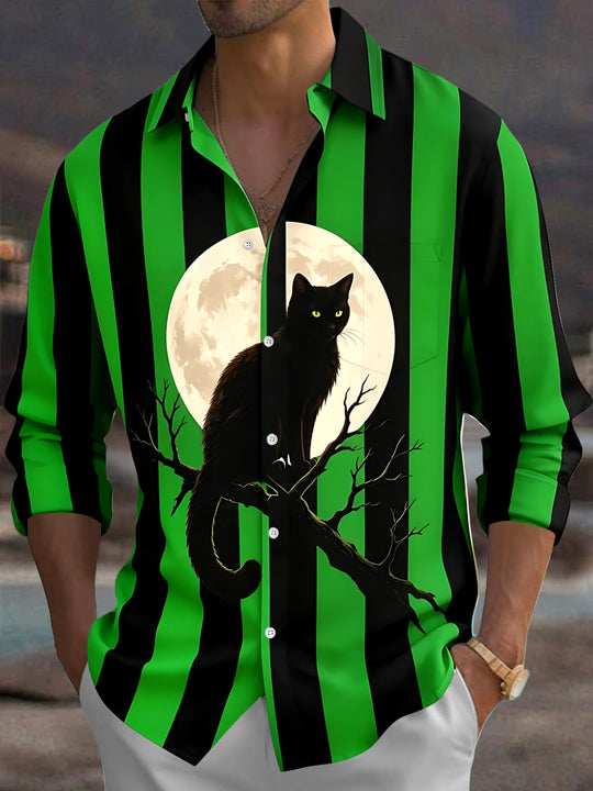 Adaychic Men's Long Sleeve Shirt - Halloween Black Cat On Tree Branch With Full Moon Print with Chest Pocket