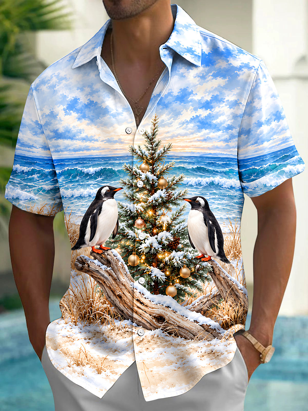 Adaychic Men's Hawaiian Penguins And Christmas Tree Print Short Sleeve Shirt with Chest Pocket