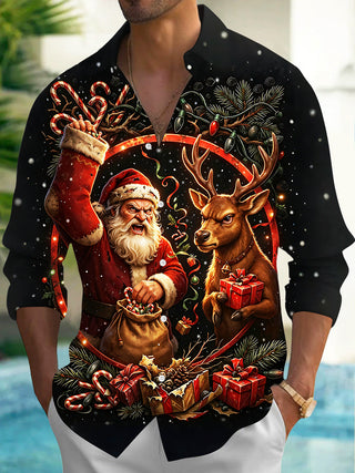 Adaychic Men's Long Sleeve Shirt - Angry Santa Claus And Reindeer With Gifts Print with Chest Pocket