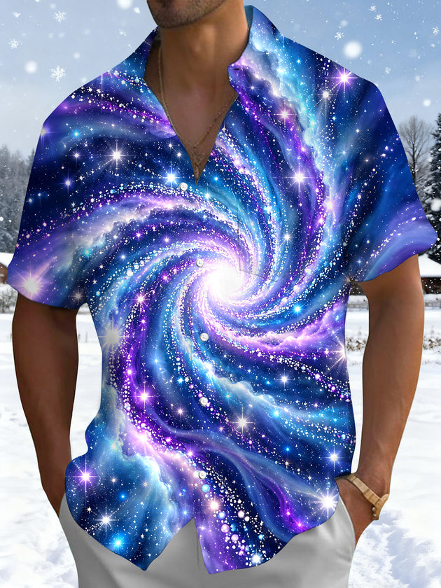 Adaychic Men's Printed Galaxy Swirl Print Short Sleeve Shirt with Chest Pocket