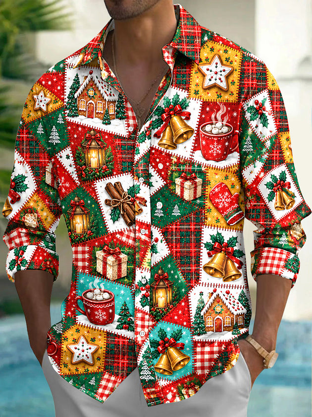 Adaychic Men's Graphic Christmas Patchwork Motifs Print Long Sleeve Shirt with Chest Pocket