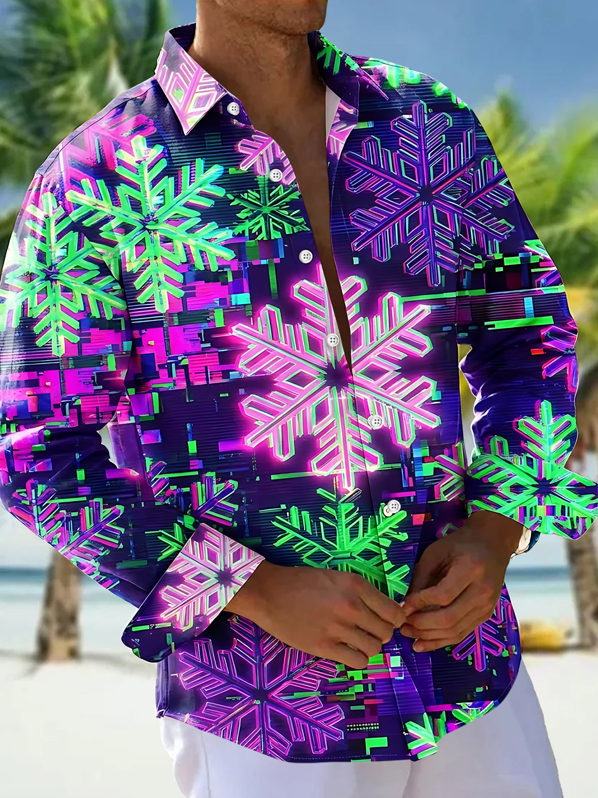 Adaychic Men's Long Sleeve Shirt - Neon Snowflakes With Glitch Art Background Print with Chest Pocket
