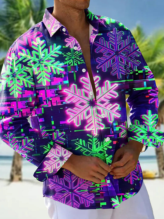 Adaychic Men's Long Sleeve Shirt - Neon Snowflakes With Glitch Art Background Print with Chest Pocket