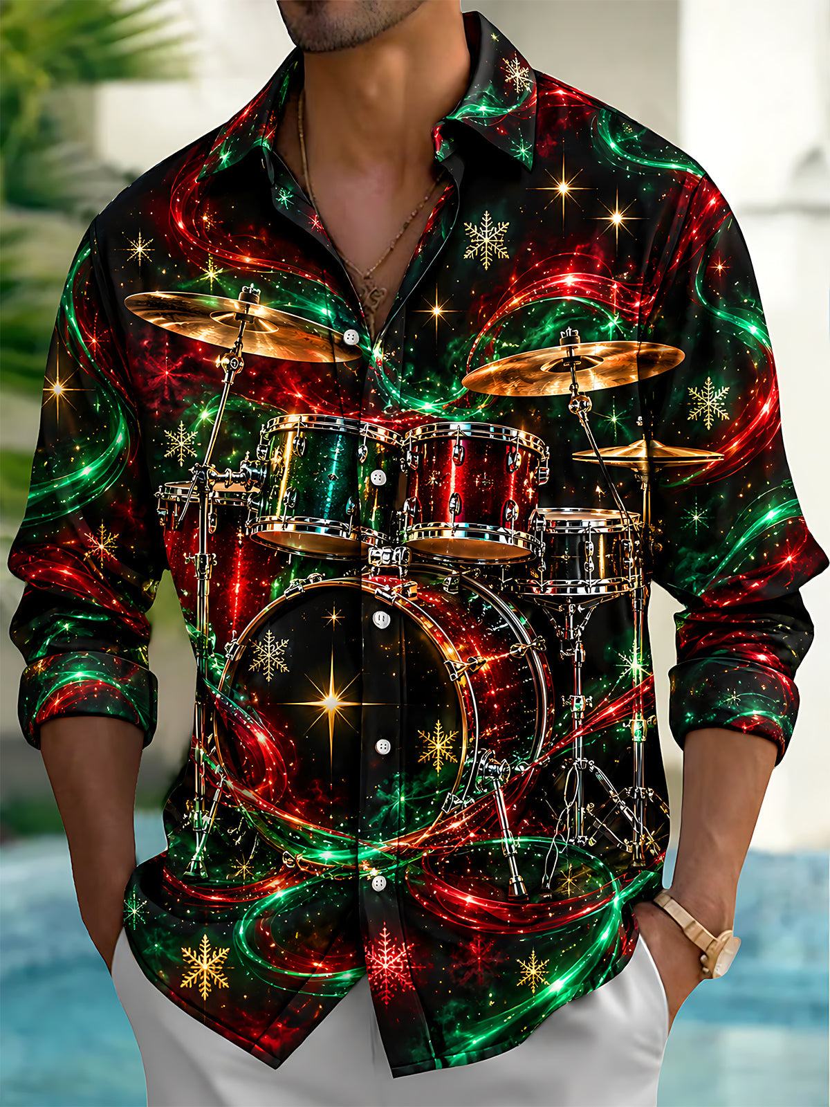 Adaychic Men's Christmas Drum Set And Snowflakes Print Long Sleeve Shirt with Chest Pocket