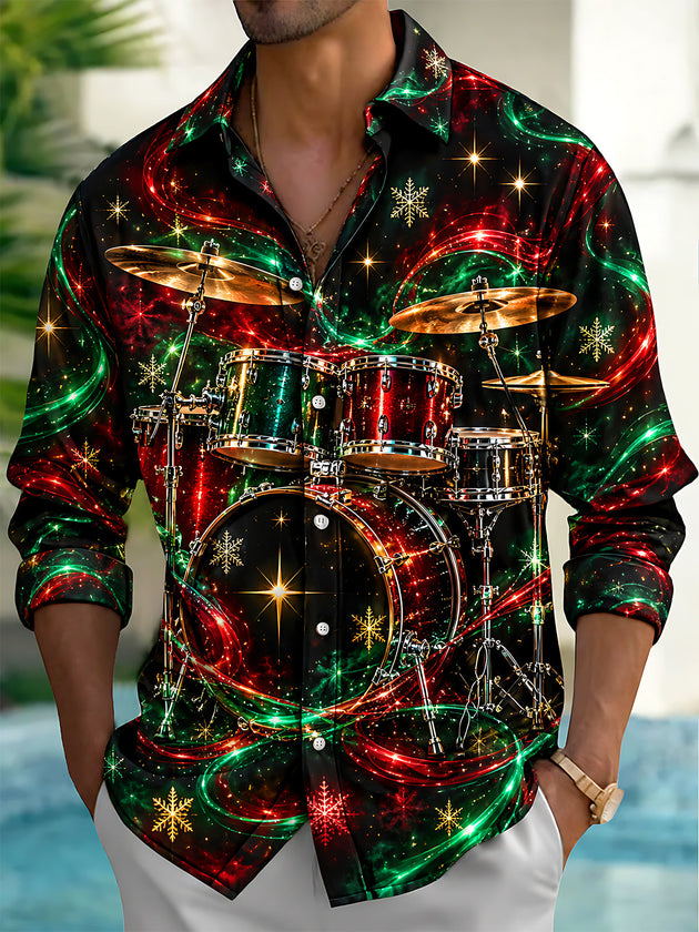 Adaychic Men's Christmas Drum Set And Snowflakes Print Long Sleeve Shirt with Chest Pocket