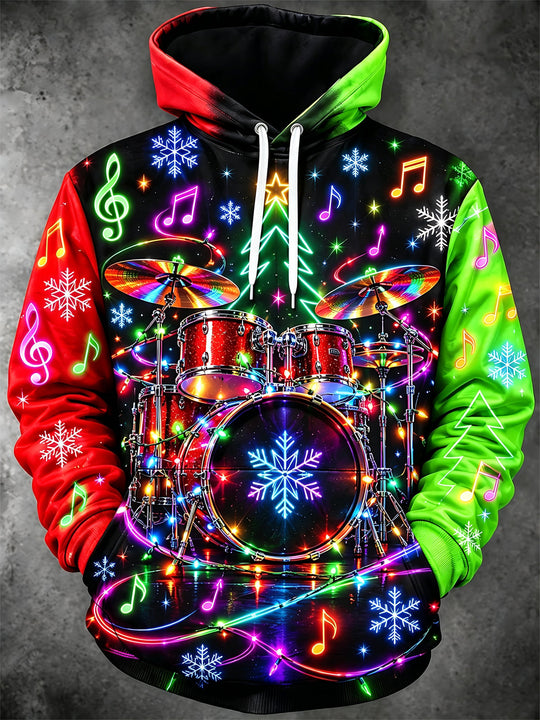 Adaychic Men's Graphic Christmas Neon Drum Kit Print Long Sleeve Hoodie