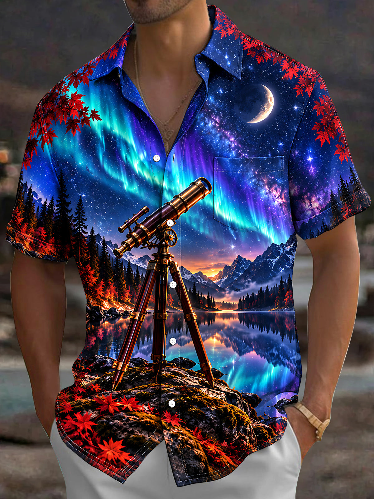 Adaychic Men's Telescope And Northern Lights Landscape Print Short Sleeve Shirt with Chest Pocket
