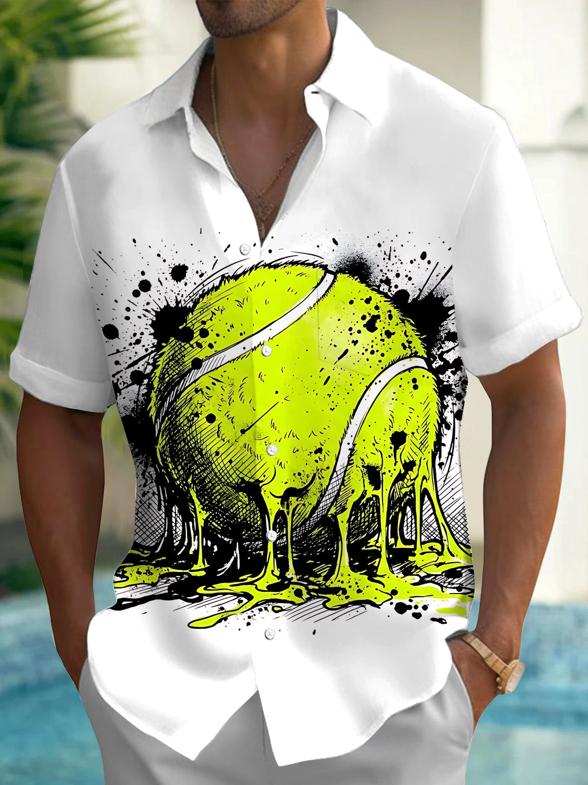 Adaychic Men's Melting Tennis Ball With Splatter Art Print Short Sleeve Shirt with Chest Pocket