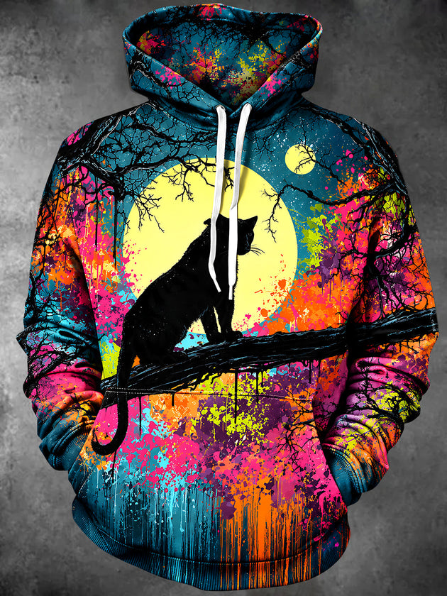 Adaychic Men's Black Cat On Branch With Full Moon Print Long Sleeve Hoodie