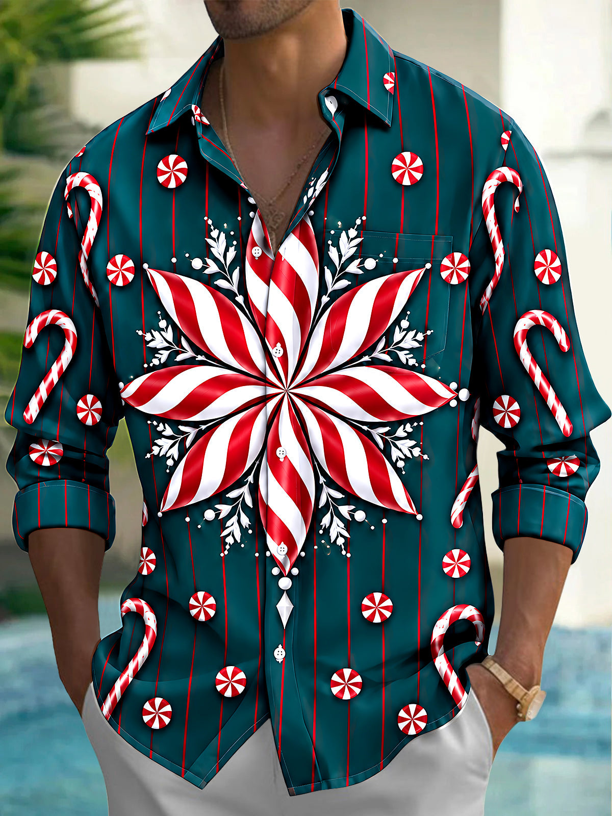 Adaychic Men's Long Sleeve Shirt - Christmas Candy Cane And Peppermint Snowflake Print with Chest Pocket