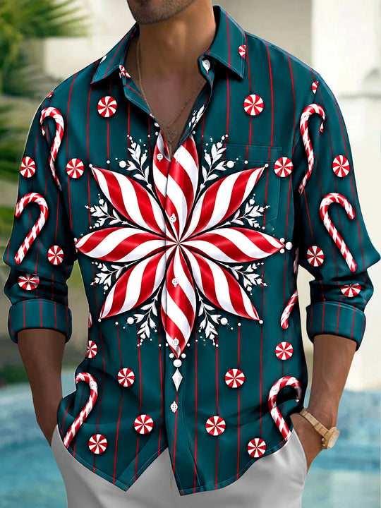 Adaychic Men's Long Sleeve Shirt - Christmas Candy Cane And Peppermint Snowflake Print with Chest Pocket