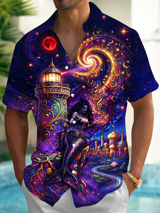 Adaychic Men's Hawaiian Dark Mermaid And Lighthouse Print Short Sleeve Shirt with Chest Pocket