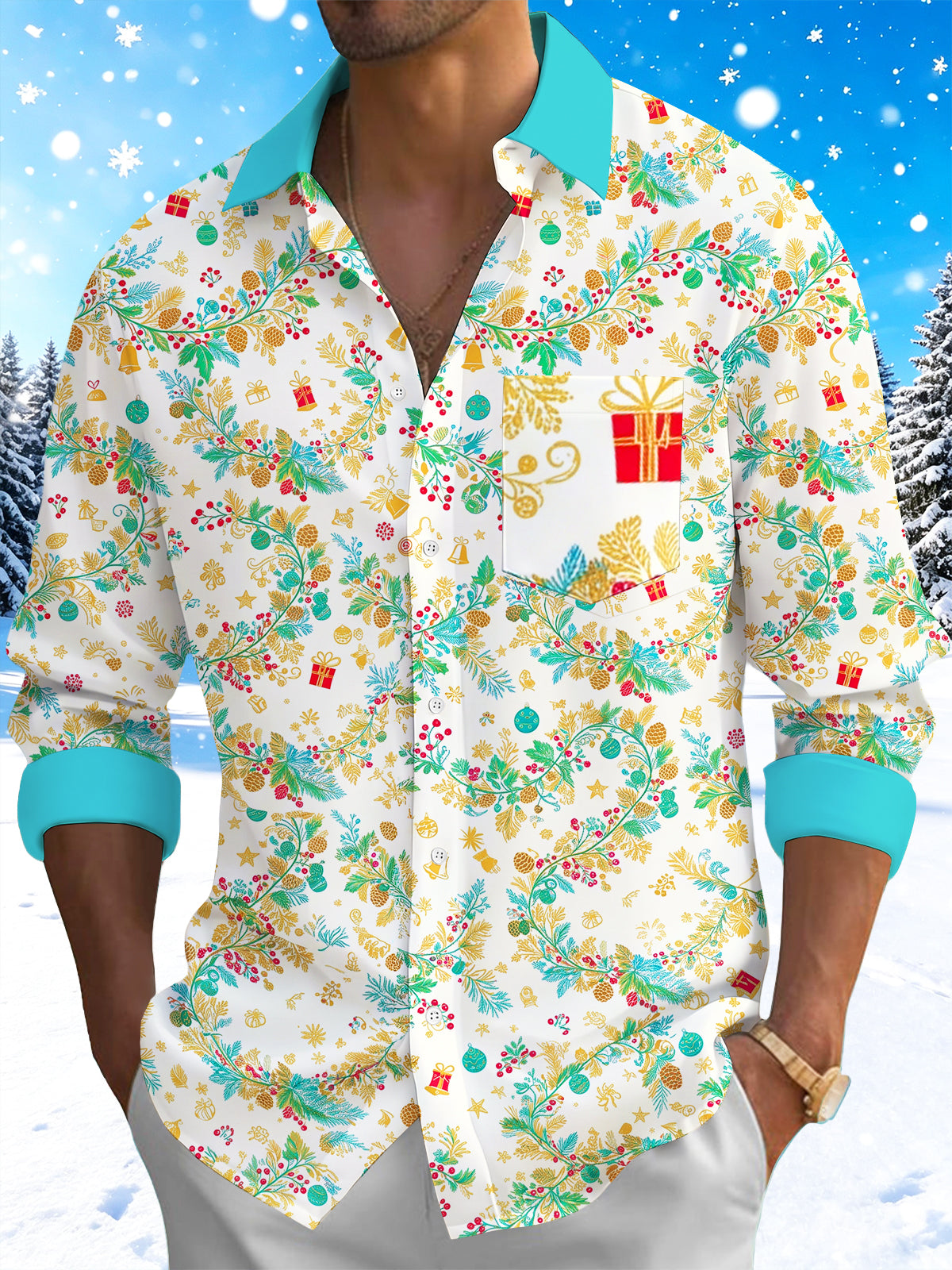Adaychic Men's Christmas Pine Branches And Gift Boxes Print Long Sleeve Shirt with Chest Pocket