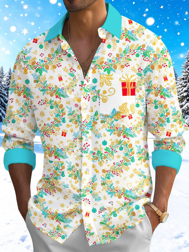 Adaychic Men's Christmas Pine Branches And Gift Boxes Print Long Sleeve Shirt with Chest Pocket