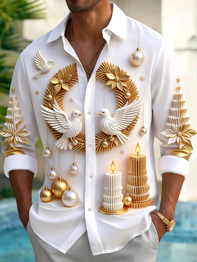 Adaychic Men's Christmas White Doves And Gold Wreaths Print Long Sleeve Shirt with Chest Pocket