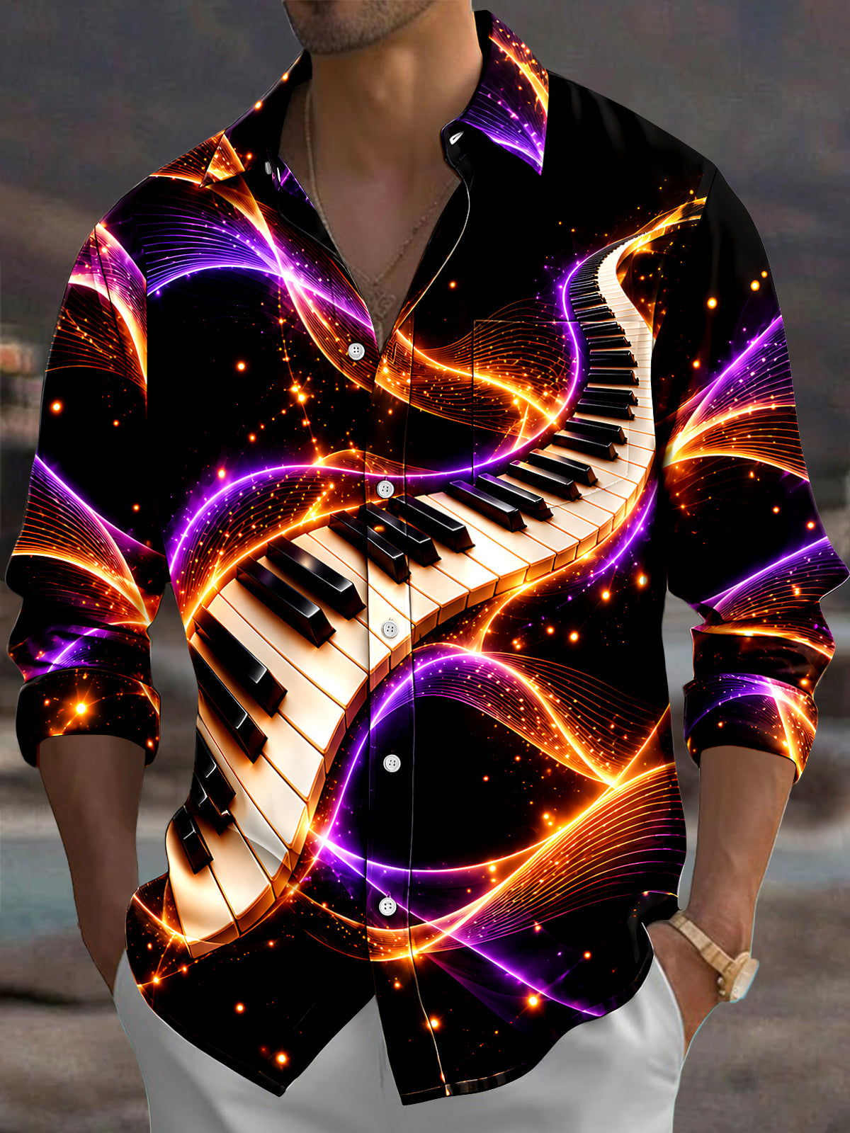 Adaychic Men's Abstract Piano Keys And Neon Light Waves Print Long Sleeve Shirt with Chest Pocket