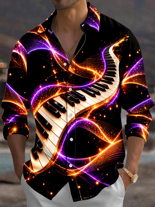 Adaychic Men's Abstract Piano Keys And Neon Light Waves Print Long Sleeve Shirt with Chest Pocket