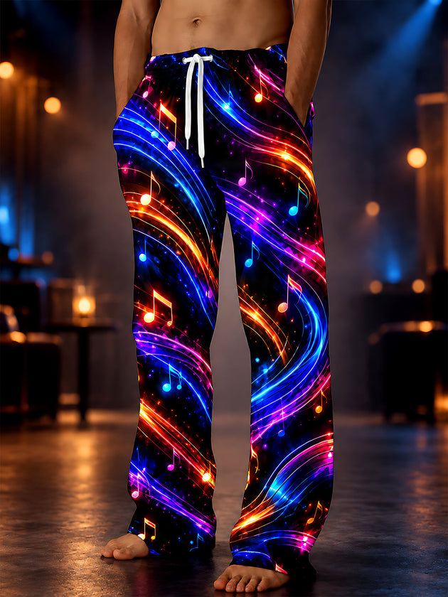 Adaychic Men's Graphic Neon Musical Notes And Light Trails Print Pants