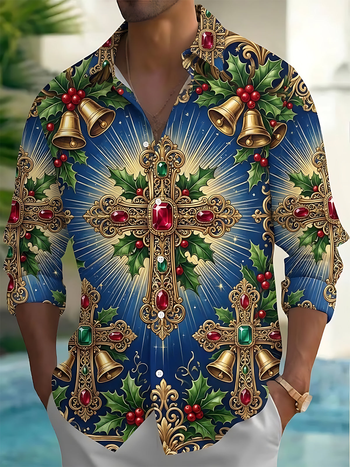 Adaychic Men's Long Sleeve Shirt - Christmas Ornate Crosses With Jewels And Holly Bells Print with Chest Pocket