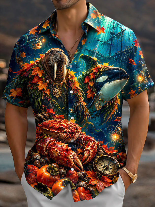 Adaychic Men's Short Sleeve Shirt - Marine Life With Autumn Leaves And Pumpkins Print with Chest Pocket