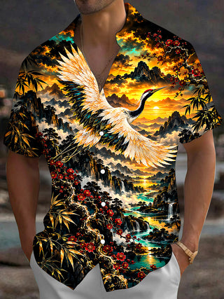 Adaychic Men's Red-crowned Crane And Landscape Print Short Sleeve Shirt with Chest Pocket